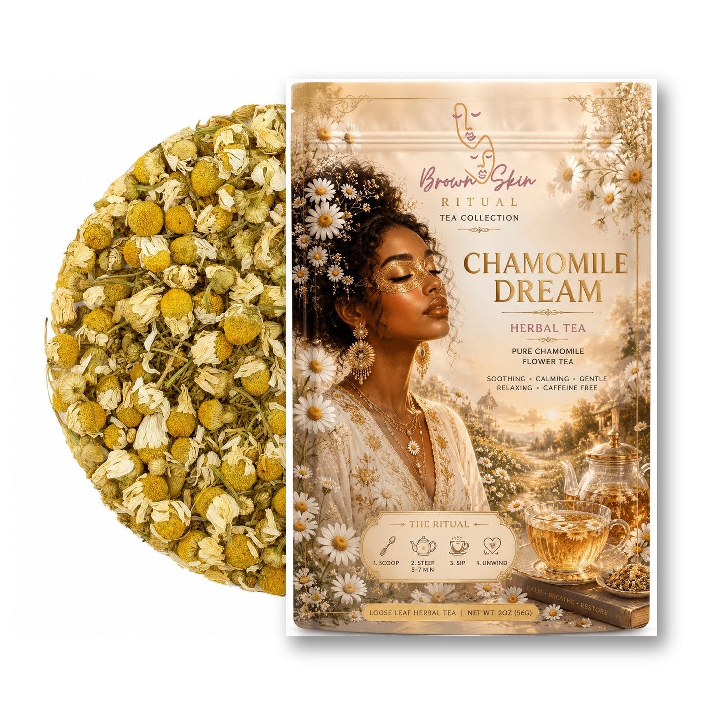 Chamomile Dream tea bag with loose chamomile flower blossoms