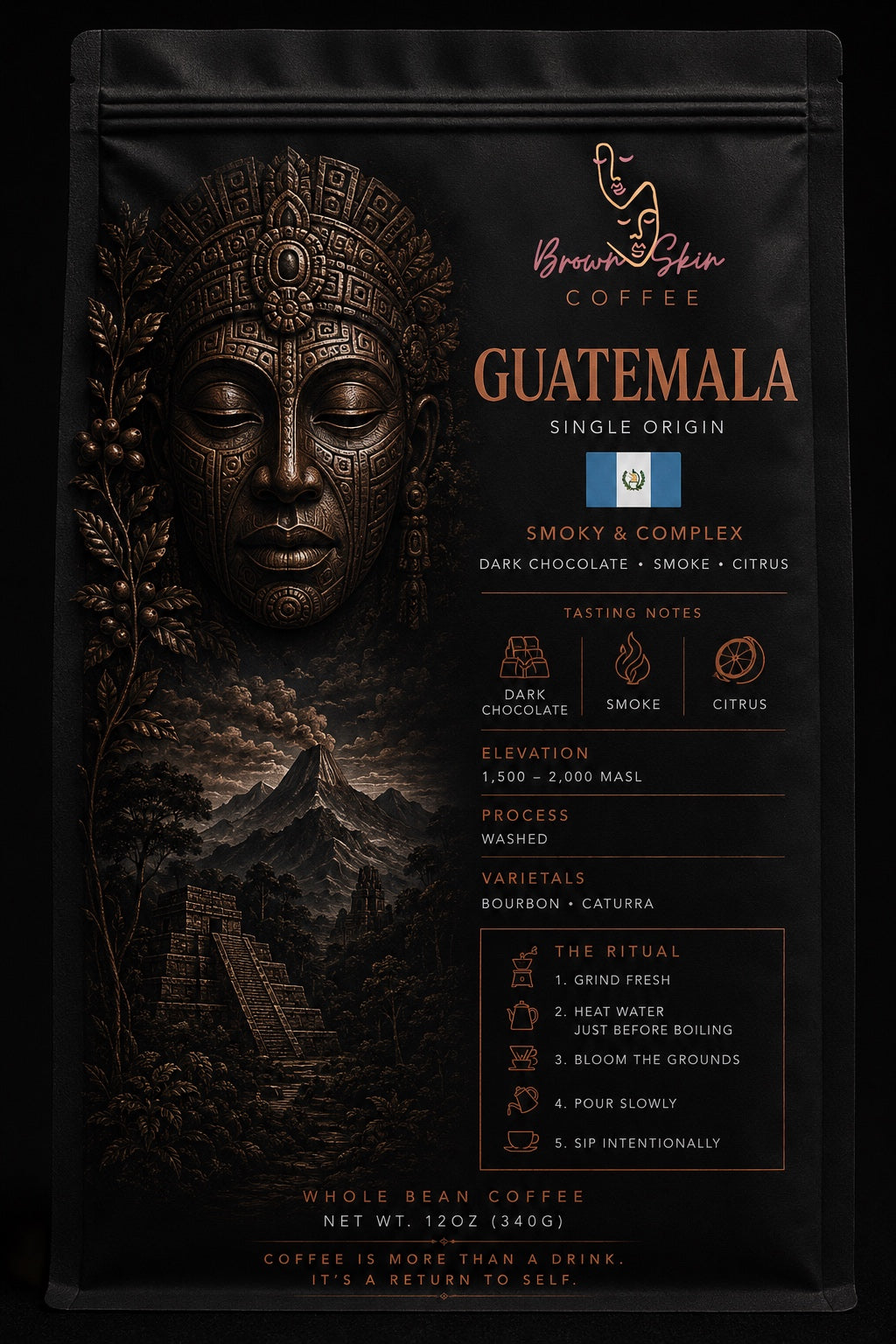Brown Skin Coffee Guatemala Single Origin whole bean coffee bag with bronze deity portrait, washed Bourbon Caturra varietals, Antigua origin, dark chocolate cherry spice tasting notes