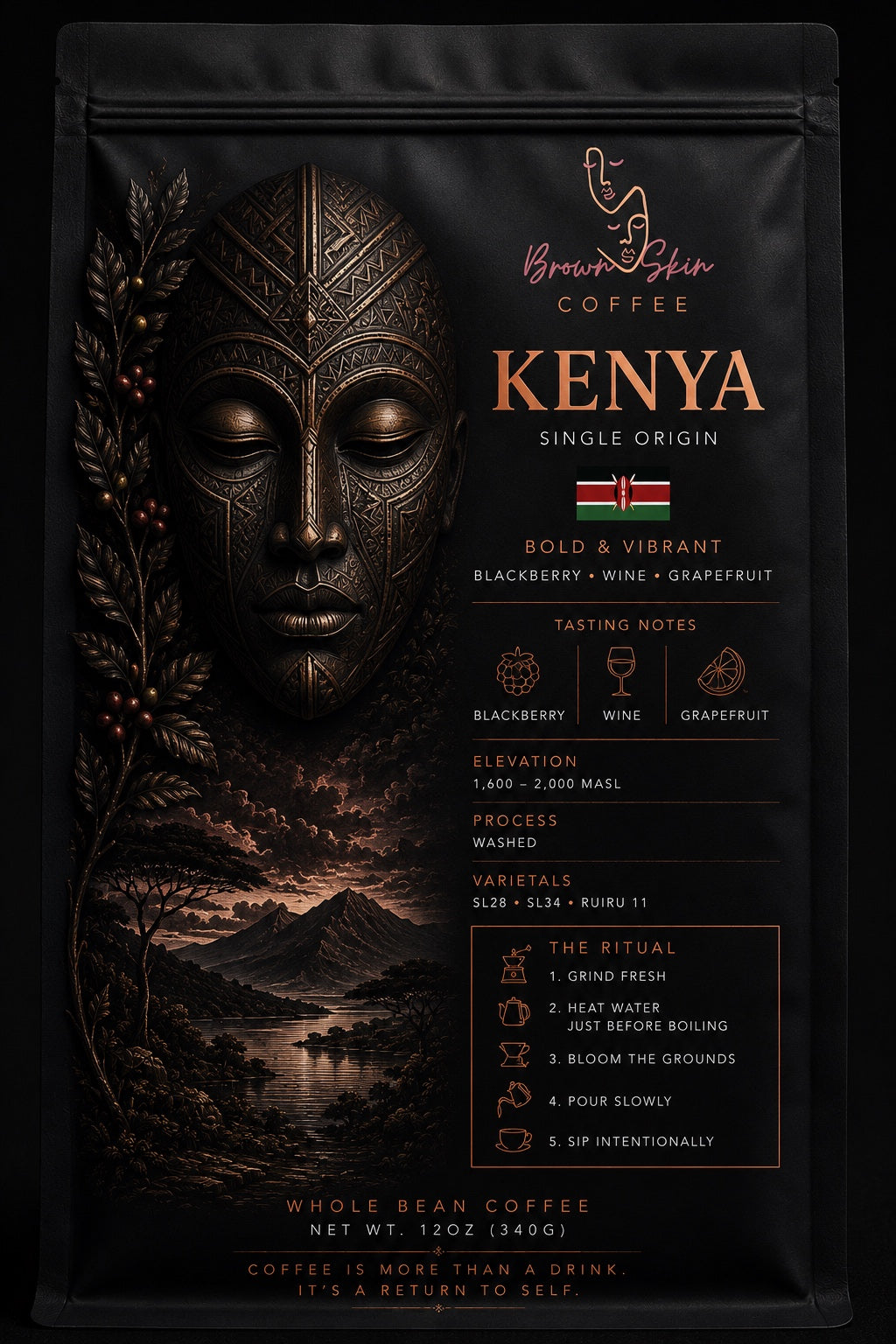 Brown Skin Coffee Kenya Single Origin whole bean coffee bag with bronze deity portrait, washed SL28 SL34 varietals, Nyeri origin, blackcurrant tomato brown sugar tasting notes
