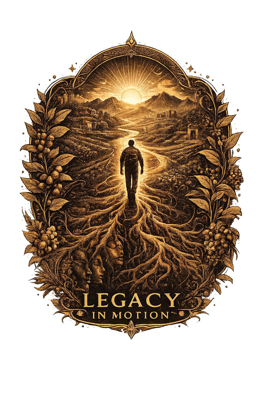 Legacy in Motion tee — gold sunrise and roots emblem on black