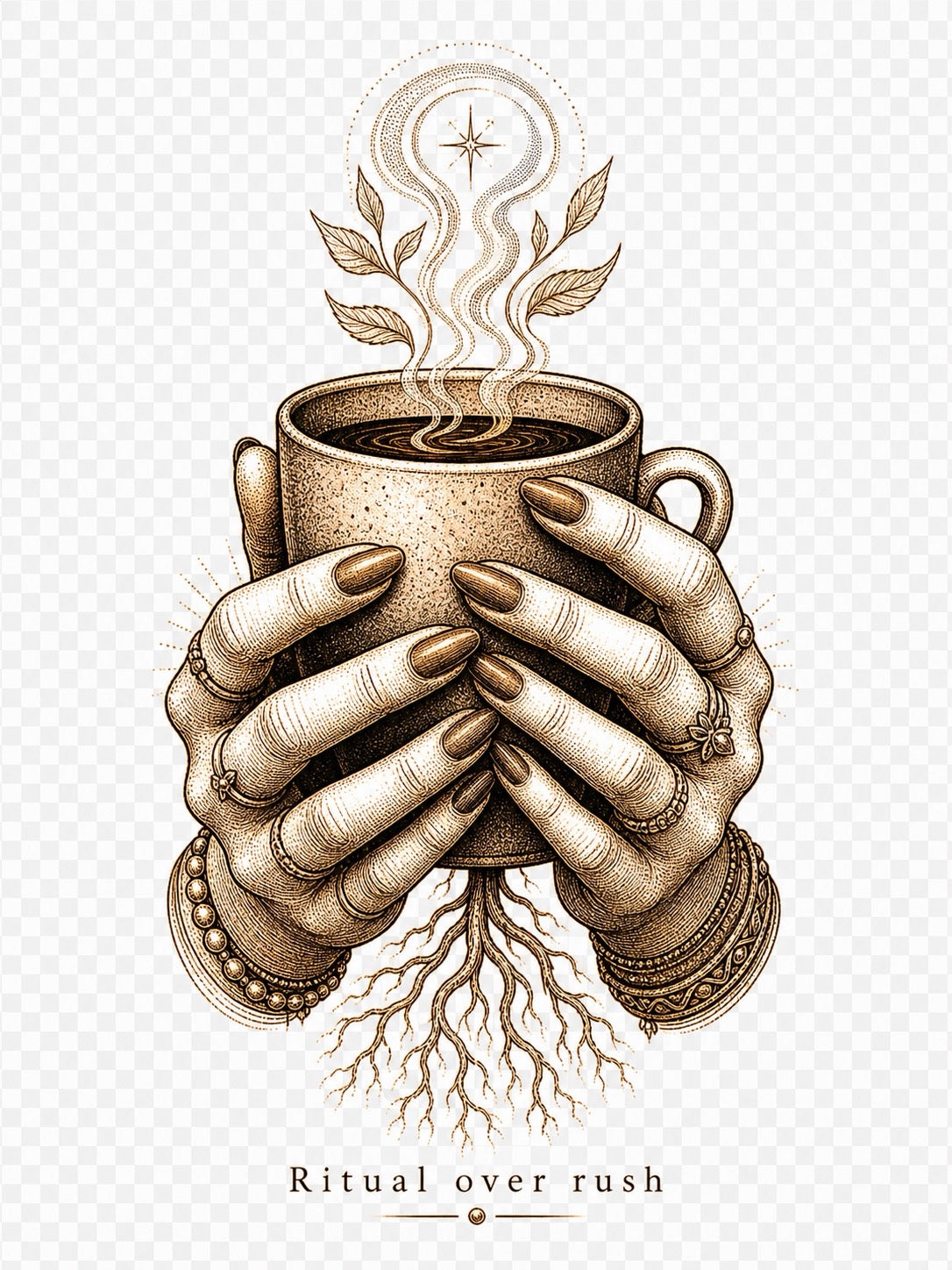 Ritual over Rush ceramic mug — hands cradling steaming cup with roots