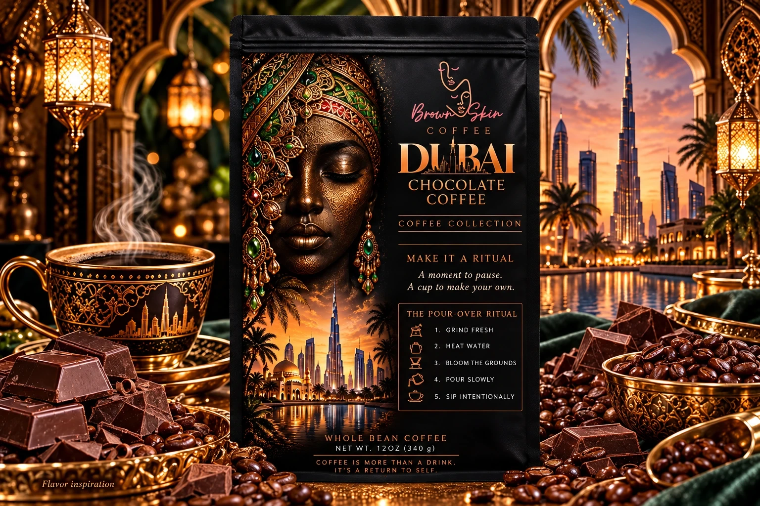 Brown Skin Dubai Chocolate coffee with a golden Dubai skyline