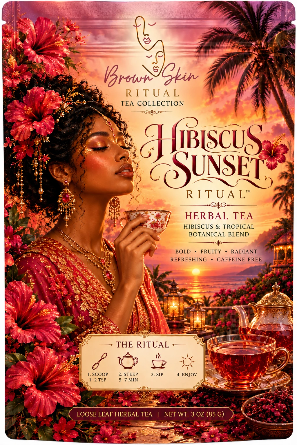 Hibiscus Sunset Ritual with floral portrait and sunset artwork