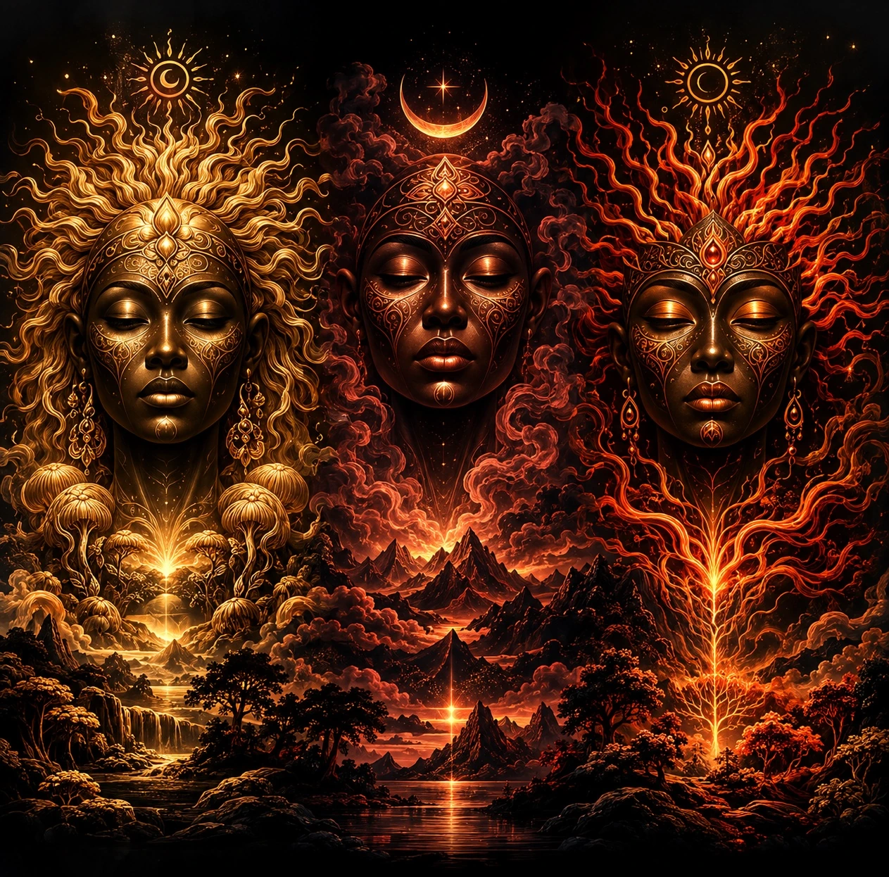 Three symbolic Brown Skin figures representing Lion’s Mane, Reishi and Cordyceps