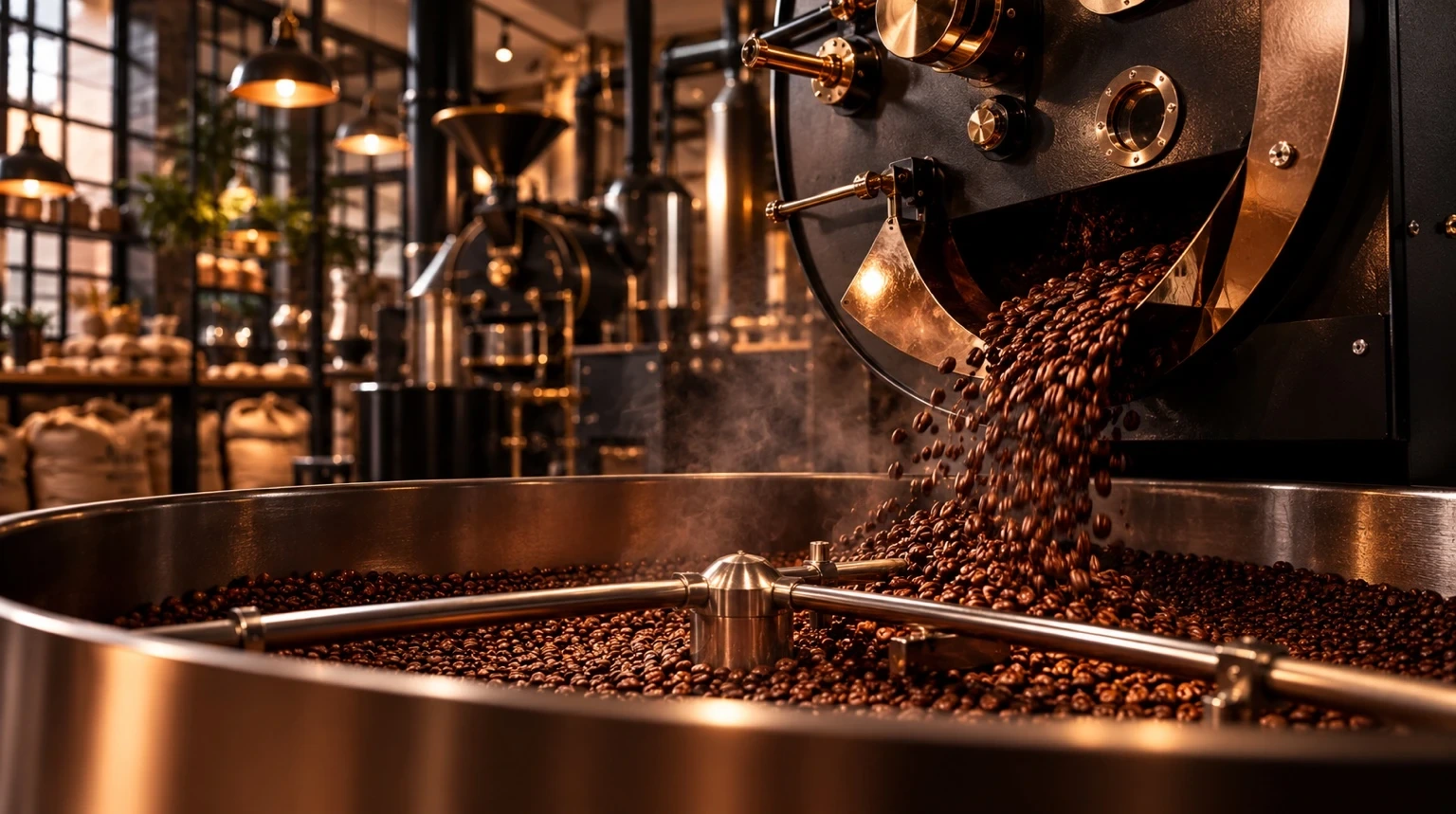 Coffee beans emerging from a roaster into a cooling tray