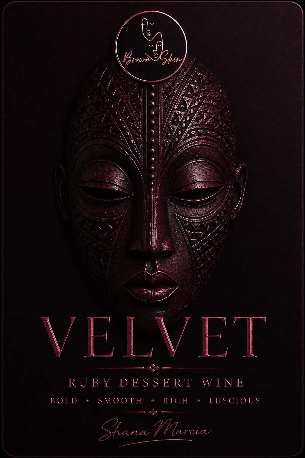 Velvet wine preview with a burgundy sculptural mask