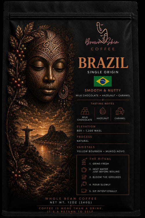 Brown Skin Coffee Brazil Single Origin whole bean coffee bag with bronze deity portrait, natural Mundo Novo Catuai varietals, Cerrado origin, hazelnut chocolate brown sugar tasting notes
