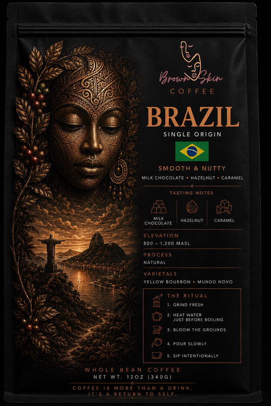 Brown Skin Coffee Brazil Single Origin whole bean coffee bag with bronze deity portrait, natural Mundo Novo Catuai varietals, Cerrado origin, hazelnut chocolate brown sugar tasting notes
