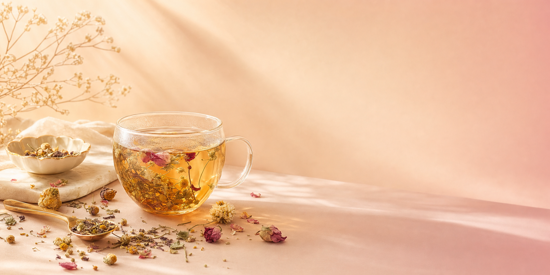 Brown Skin Coffee tea ritual hero — golden tea in glass cup with dried botanicals on peach background