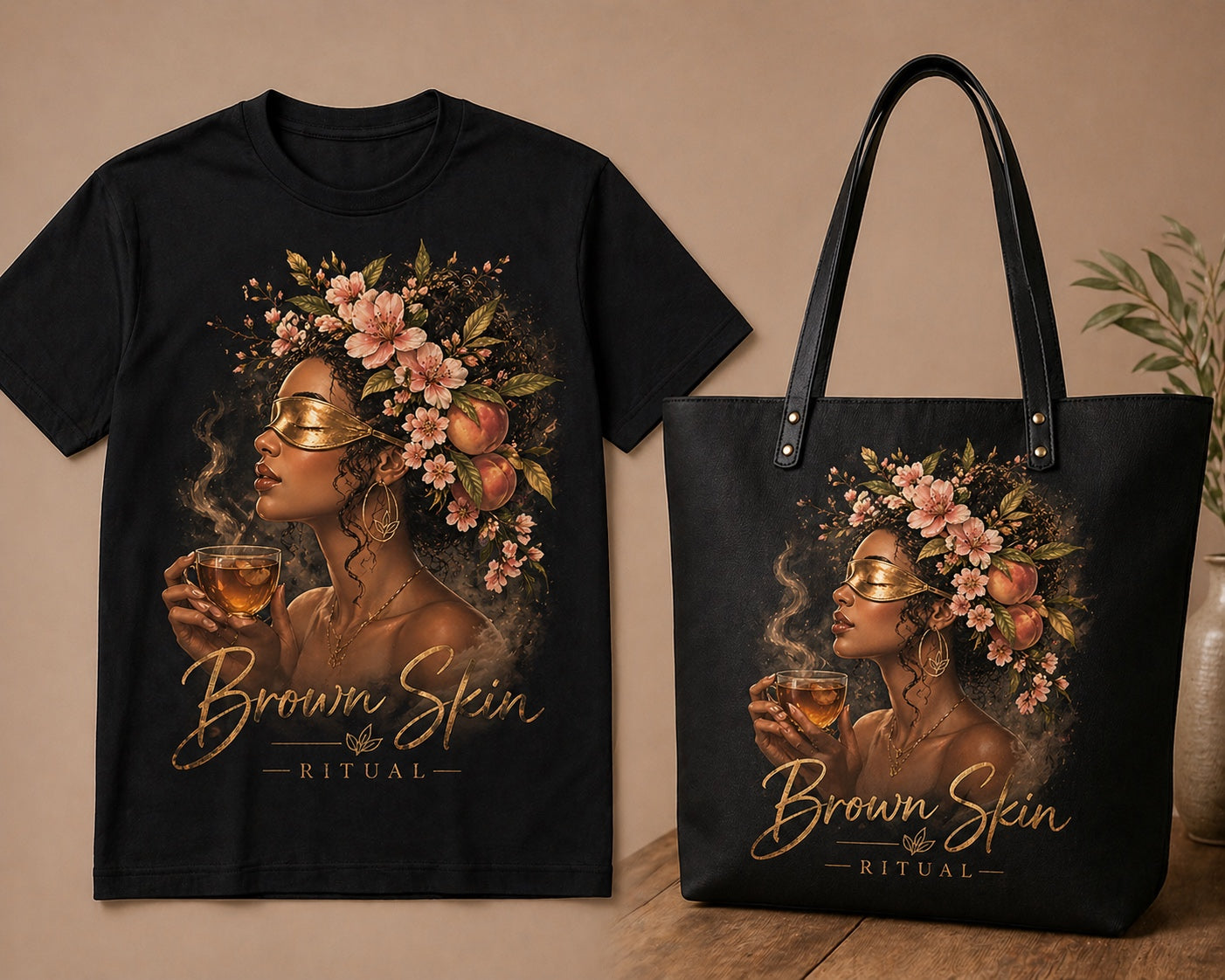 Brown Skin Ritual canvas tote — gold-masked portrait, black