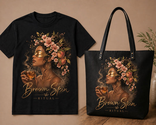 Brown Skin Ritual canvas tote — gold-masked portrait, black