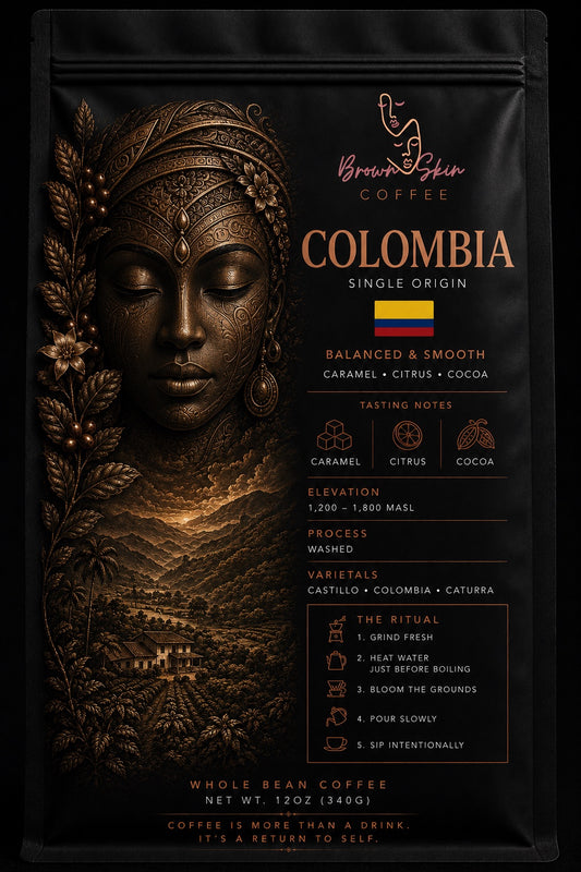 Brown Skin Coffee Colombia Single Origin whole bean coffee bag with bronze deity portrait, washed Caturra Castillo varietals, Huila origin, caramel chocolate apple tasting notes