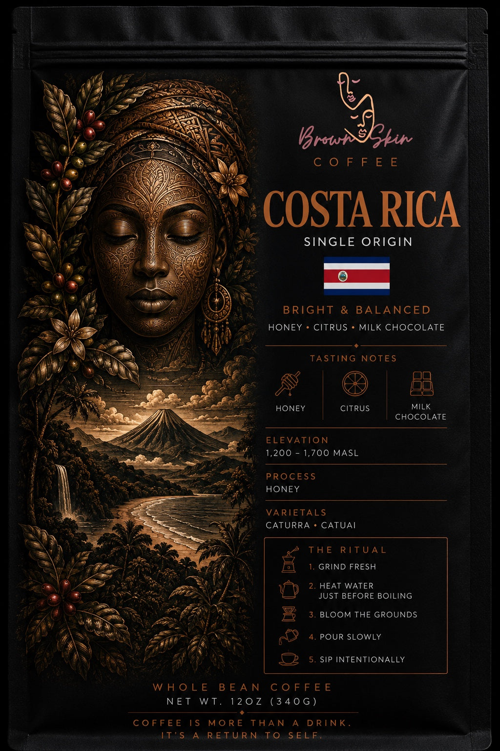 Brown Skin Coffee Costa Rica Single Origin whole bean coffee bag with bronze deity portrait, honey processed Caturra Catuai varietals, Tarrazu origin, honey citrus almond tasting notes