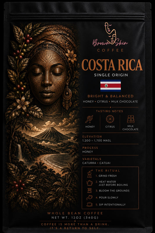 Brown Skin Coffee Costa Rica Single Origin whole bean coffee bag with bronze deity portrait, honey processed Caturra Catuai varietals, Tarrazu origin, honey citrus almond tasting notes