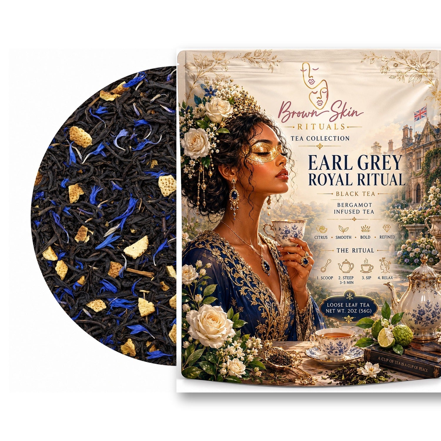 Earl Grey Royal Ritual tea bag with black tea, cornflower, and bergamot peel