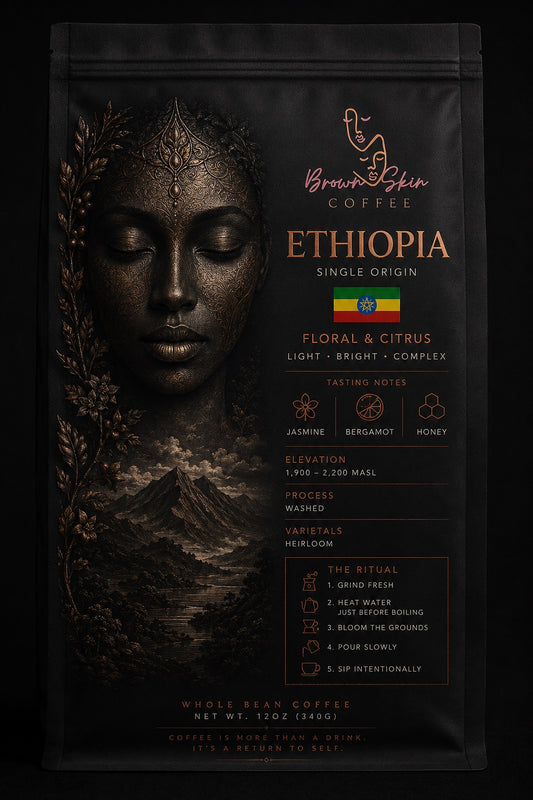 Brown Skin Coffee Ethiopia Single Origin whole bean coffee bag with bronze deity portrait, washed heirloom varietals, Yirgacheffe origin, jasmine bergamot blueberry tasting notes