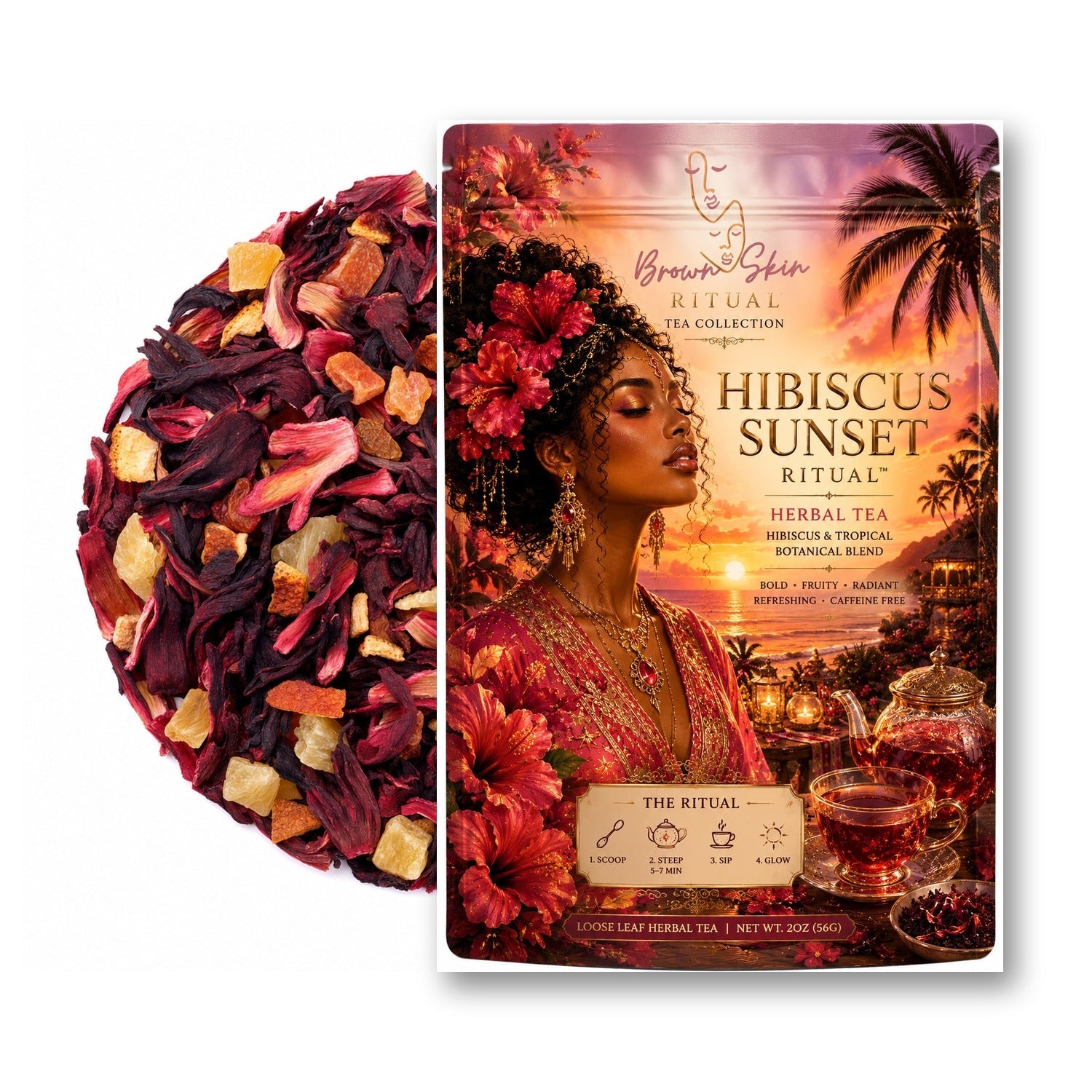 Hibiscus Sunset Ritual tea bag with hibiscus petals and tropical fruit