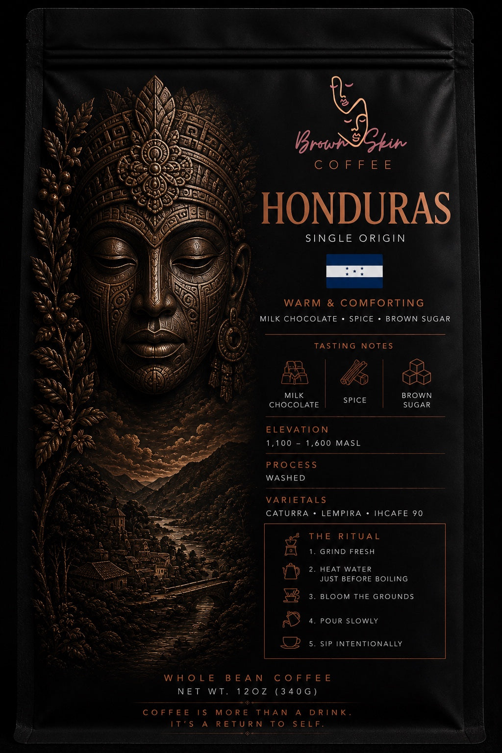 Brown Skin Coffee Honduras Single Origin 12oz whole bean coffee bag with bronze deity portrait, washed Caturra Lempira IHCAFE 90 varietals, milk chocolate spice brown sugar tasting notes