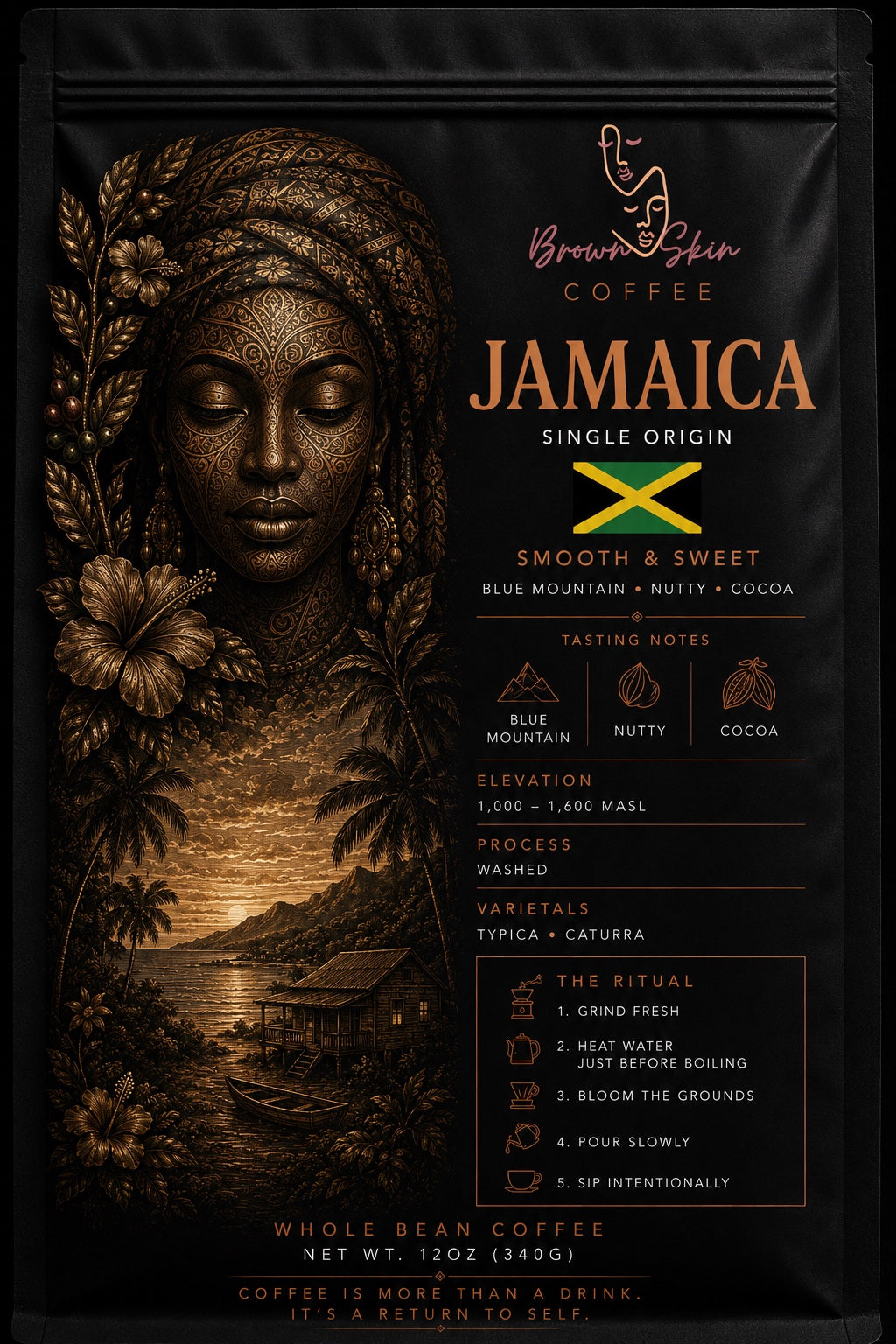 Brown Skin Coffee Jamaica Single Origin Blue Mountain whole bean coffee bag with bronze deity portrait, washed Typica Caturra varietals, Blue Mountain origin, floral brown sugar almond tasting notes
