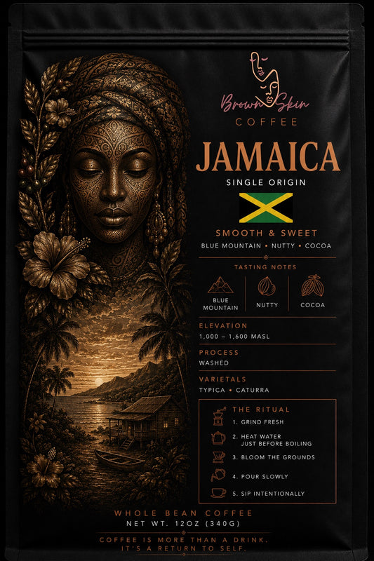 Brown Skin Coffee Jamaica Single Origin Blue Mountain whole bean coffee bag with bronze deity portrait, washed Typica Caturra varietals, Blue Mountain origin, floral brown sugar almond tasting notes