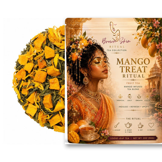 Mango Treat Ritual tea bag with dried mango pieces and marigold petals