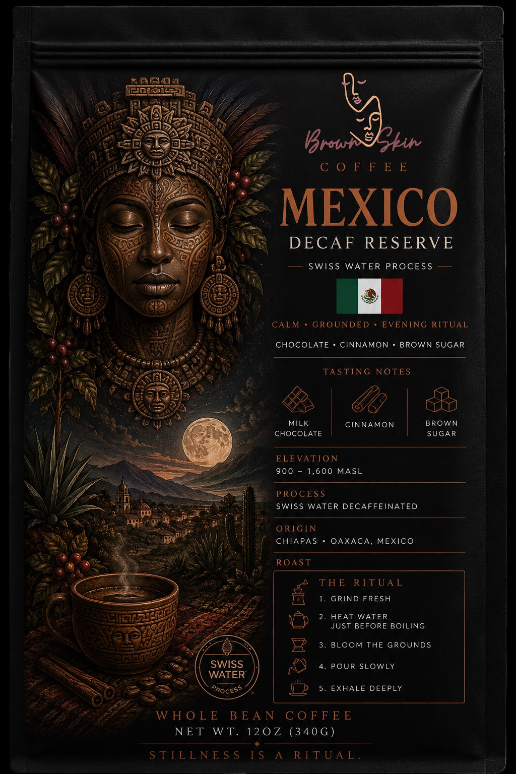 Brown Skin Coffee Mexico Decaf Reserve whole bean coffee bag with bronze Aztec deity portrait, Swiss Water decaffeinated process, Chiapas and Oaxaca origin, milk chocolate cinnamon brown sugar tasting notes