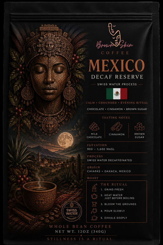 Brown Skin Coffee Mexico Decaf Reserve whole bean coffee bag with bronze Aztec deity portrait, Swiss Water decaffeinated process, Chiapas and Oaxaca origin, milk chocolate cinnamon brown sugar tasting notes