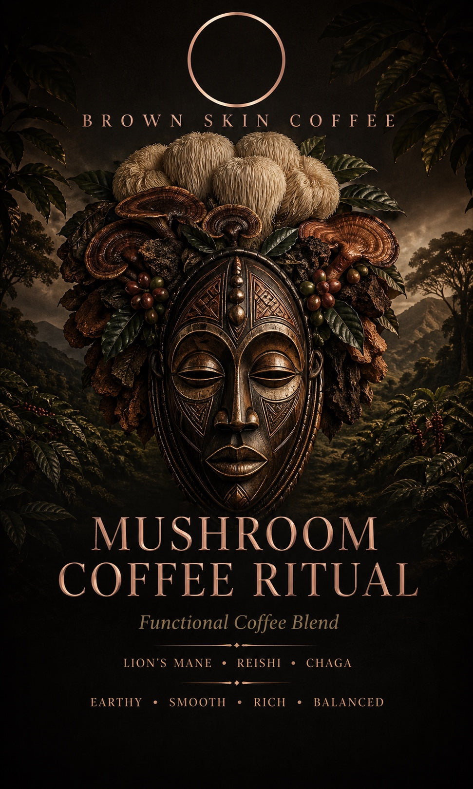 Mushroom Coffee Ritual matte black ceramic mug — tribal mask design