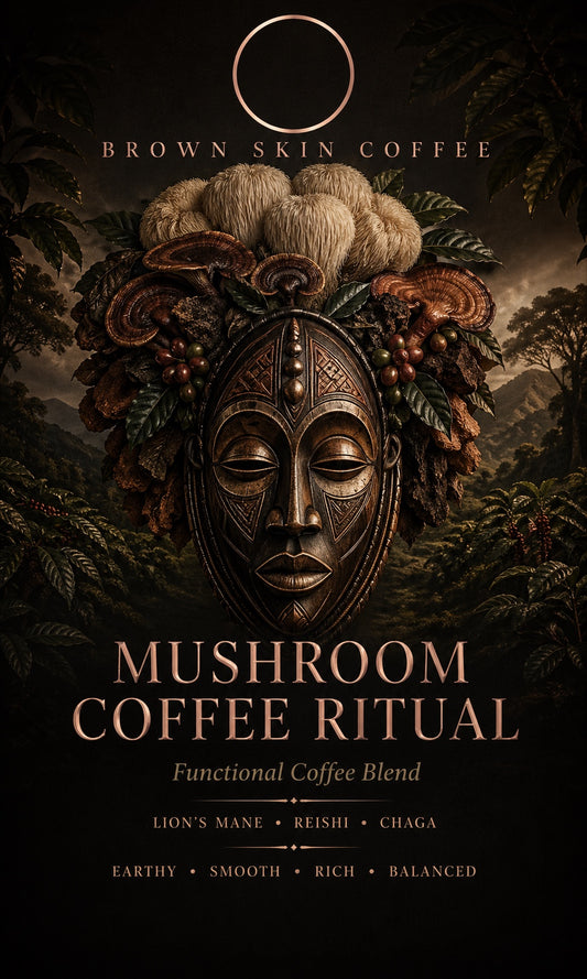 Mushroom Coffee Ritual matte black ceramic mug — tribal mask design