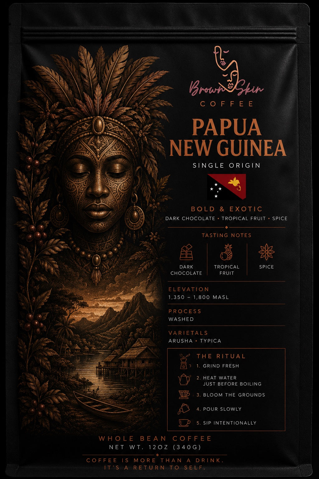 Brown Skin Coffee Papua New Guinea Single Origin whole bean coffee bag with bronze deity portrait, washed Typica Bourbon varietals, Eastern Highlands origin, mango brown sugar spice tasting notes
