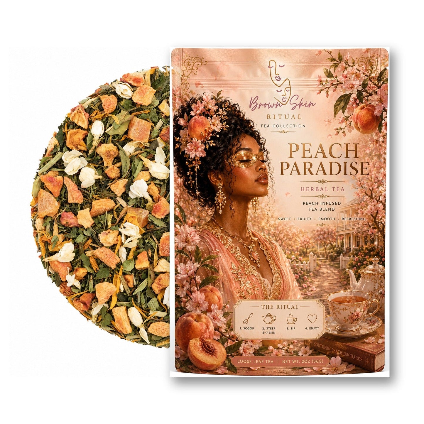 Peach Paradise tea bag with dried peach pieces and herbal leaves