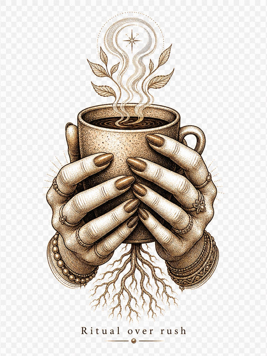 Ritual over Rush ceramic mug — hands cradling steaming cup with roots