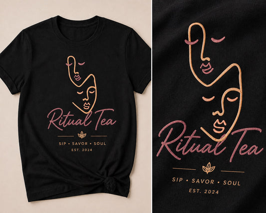 Ritual Tea Tee — line-art faces with Sip Savor Soul, black