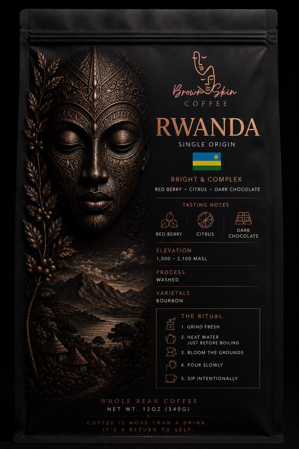 Brown Skin Coffee Rwanda Single Origin 12oz whole bean coffee bag with bronze deity portrait, washed Bourbon varietals, red berry citrus dark chocolate tasting notes