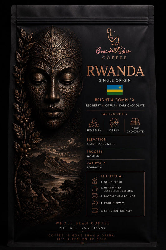 Brown Skin Coffee Rwanda Single Origin 12oz whole bean coffee bag with bronze deity portrait, washed Bourbon varietals, red berry citrus dark chocolate tasting notes