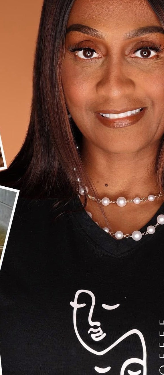 Shana Tate, founder of Brown Skin Coffee, in Brown Skin tee with pearl necklace