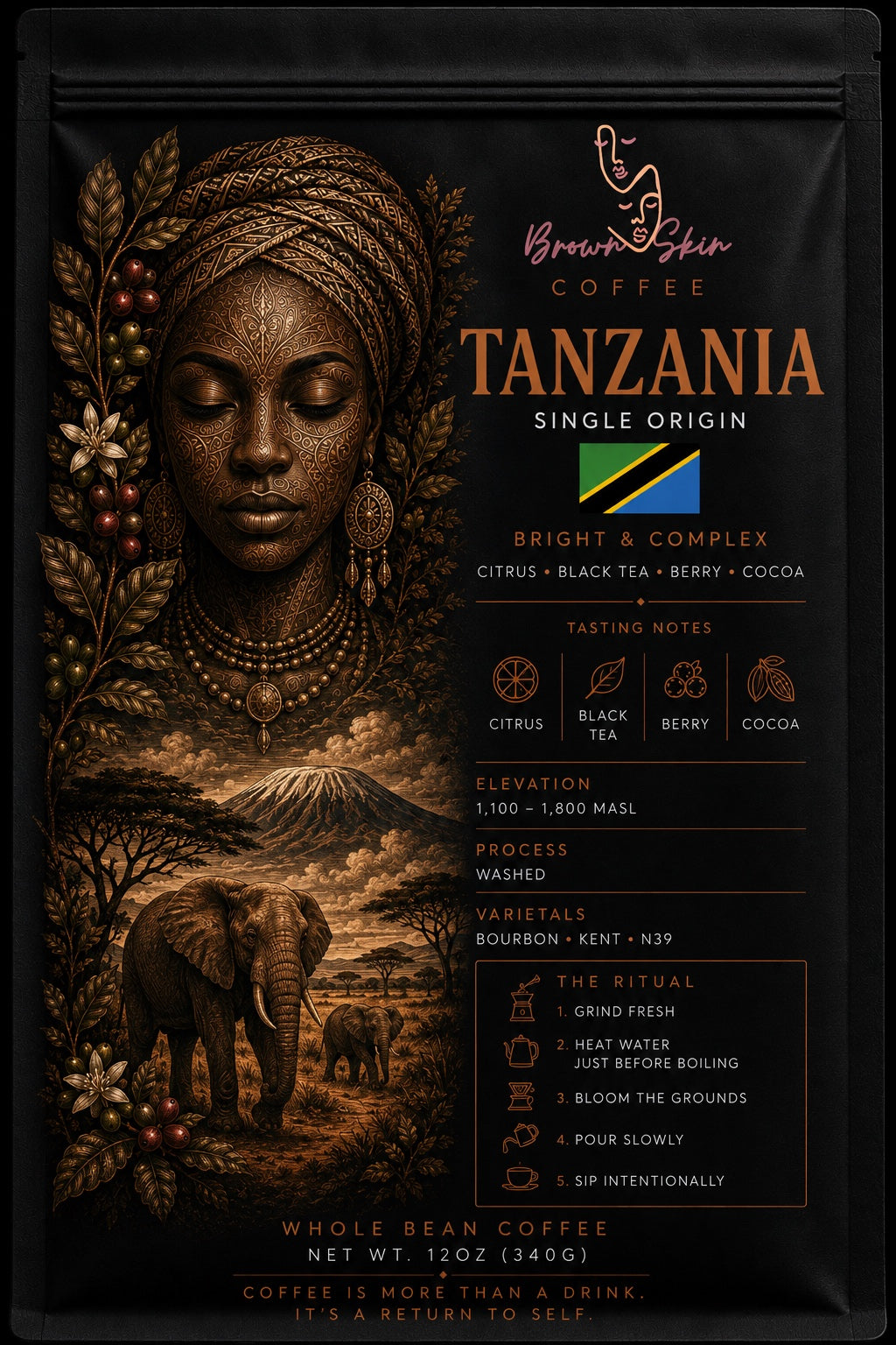 Brown Skin Coffee Tanzania Single Origin whole bean coffee bag with bronze deity portrait, washed Bourbon Kent peaberry varietals, Kilimanjaro Mbeya origin, black tea lemon raspberry tasting notes