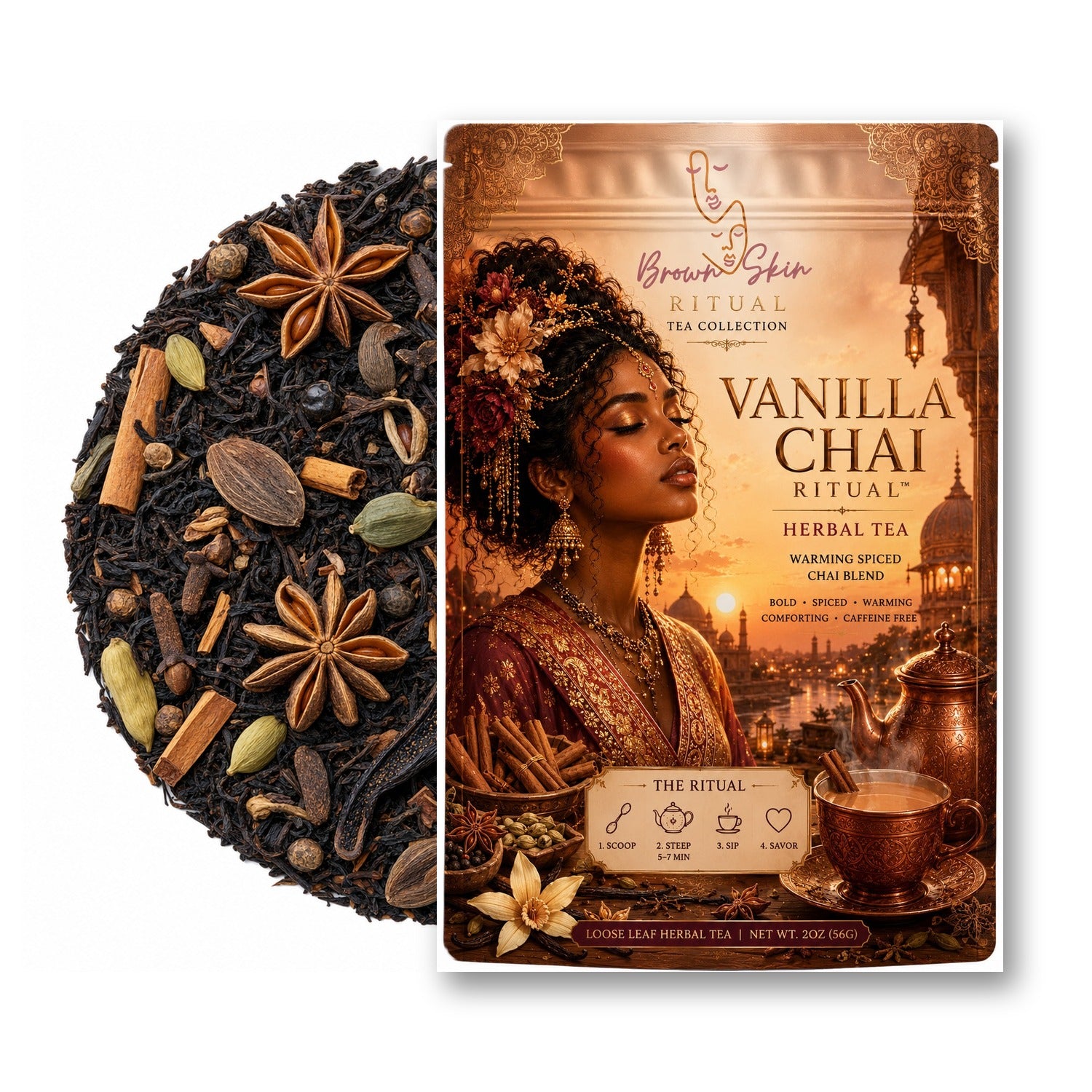 Vanilla Chai Ritual tea bag with cinnamon, cardamom, star anise, and vanilla pods