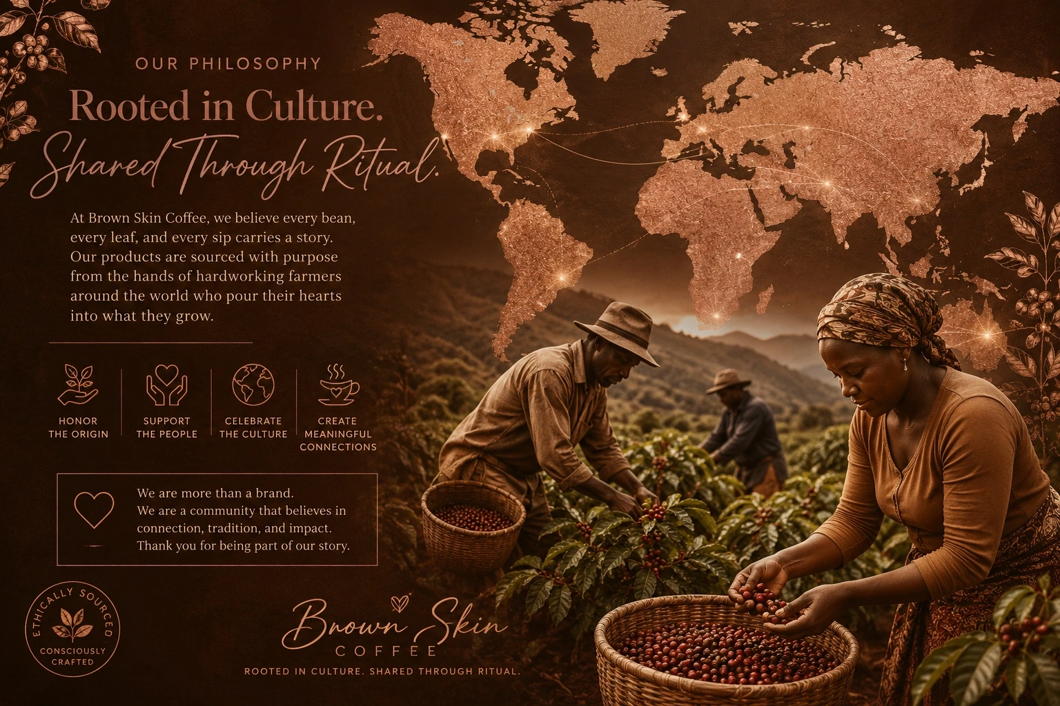 Our philosophy: Rooted in Culture. Shared Through Ritual. Rose-gold world map above an illustrated coffee harvest.