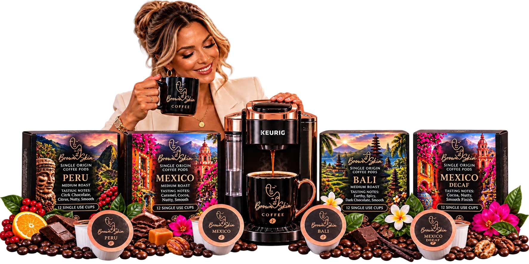Brown Skin Coffee pods campaign with Peru, Mexico, Bali and Mexico Decaf packaging beside a coffee brewer.